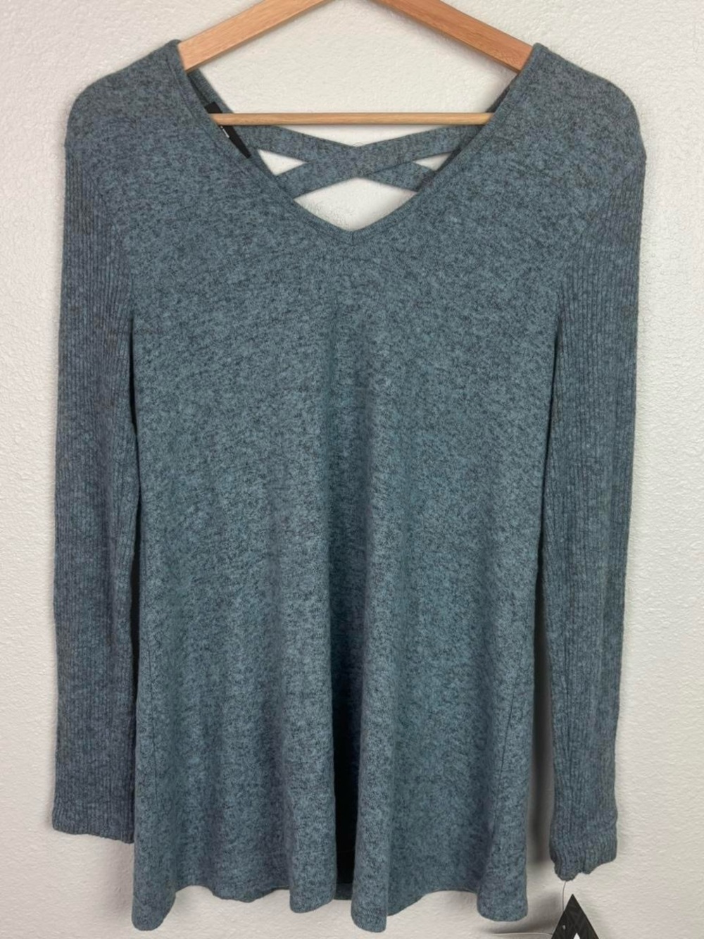 Iz Byer Heather Gray Crisscross Back Knit Sweater